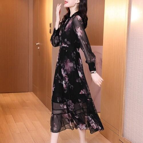 100% Silk Dress Vintage Floral Dresses for Women Long Sleeve Elegant Dress Female Spring Summer 2021 Vestido De Mujer Pph3667
