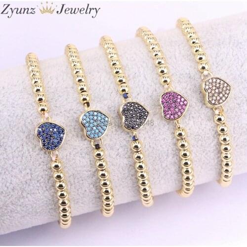 5PCS ZYZ330-3414 Brass Beads Micro Pave CZ Small Heart Charm Macrame Braiding Rope Bracelet Adjustable Bracelet Jewelry
