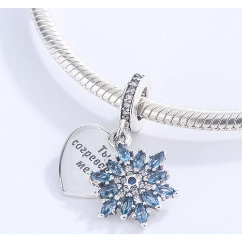 925 Sterling Silver Blue Snowflake Zircon Heart Pendant Charm Bracelet Fashion Jewelry DIY Making For Original Pandora
