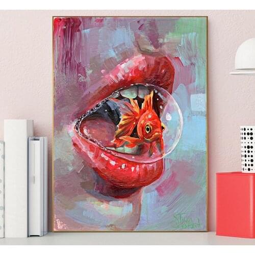 Abstract Lip Goldfish Canvas Painting Modern Poster Art Cuadros Posters and Paintings Decor Wall Pictures for Living Room Aisle