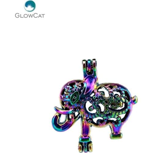 C21 5pcs/lot Rainbow Color lovely Animal Circles Elephant Pearl Beads Cage Locket Pendant Pearl Locket Fairytale Party