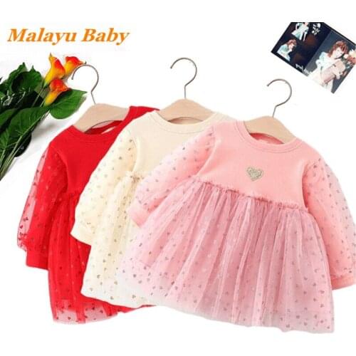 Malayu Baby Girl Princess Dress 2021 Autumn New 0-3 Years Cute Girls Heart Mesh Stitching Long Sleeve Vestidos Newborn Clothes