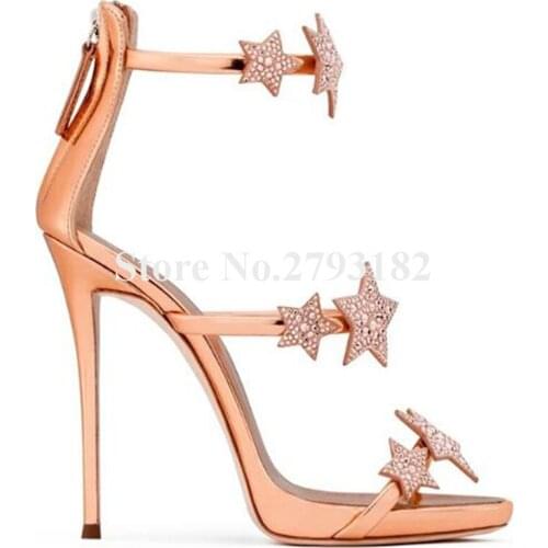 Brand Design Women Fashion 3 Straps Bling Bling Pentagram Rhinestone Sandals Silver Rose Gold Crystal Flat High Heel Sandals