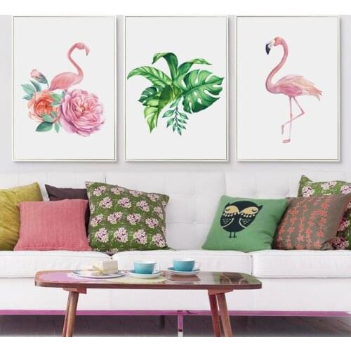 Watercolor Green Plant Leaves and Flamingo Canvas Painting Home Decorative Wall Decor Canvas Unframed Wall ArtPainting