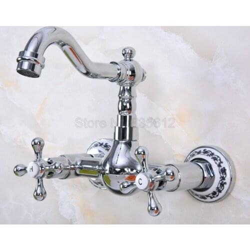 Chrome Wall Mount Double Handle Bathroom Faucet Vanity Vessel Sinks Mixer Tap Cold And Hot Water Tap tnf967