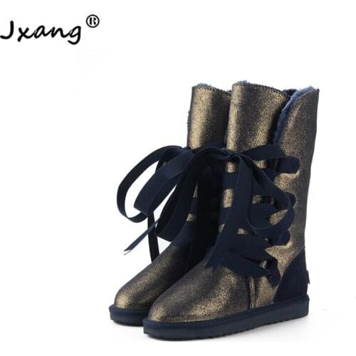 JXANG Fashion Genuine Leather fur lined women Warm Winter snow boots for lady lace-up boots black waterproof High Boots