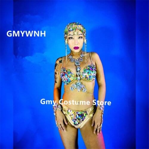 K55 Colorful Rhinestone bikini female sexy bodysuit stage model performance wears dress bra bar sequin outfit jumpsuit disco dj