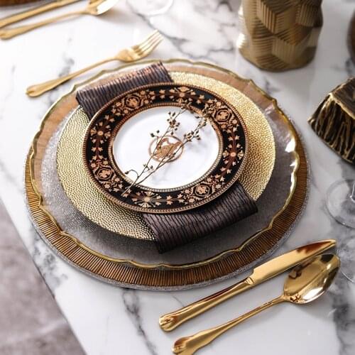 Classic Black Gold With Pattern Porcelain Tableware Snacks Desserts Salad Fruit Glass Plate Serving Tray Dish Dinnerware Set