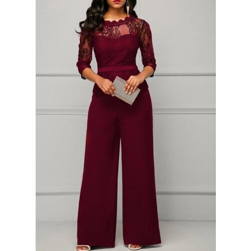 Wide Leg Casual Overalls Sexy Women O-neck Solid Lace Elegant Straight Party Jumpsuit Loose Rompers