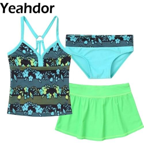 3Pcs Kids Girls Swimwear Swimsuits Beach Bikini Swimming Bathing Suit Sleeveless Floral Print Tops with Skirt and Briefs Sets