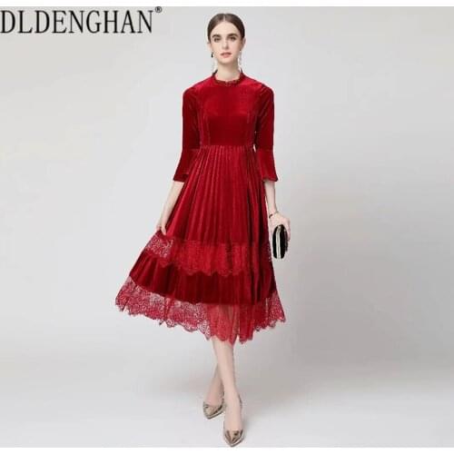 DLDENGHAN Fashion Designer Autumn Velvet Dress Women Stand Collar Flare Sleeve Lace Patchwork Vintage Midi Dresses