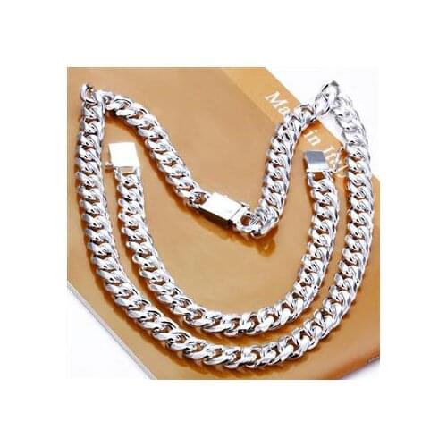 M925 Silver color jewelry - set wedding set casual 10mm side chain square buckle men bracelet&necklace - 2 set CS101