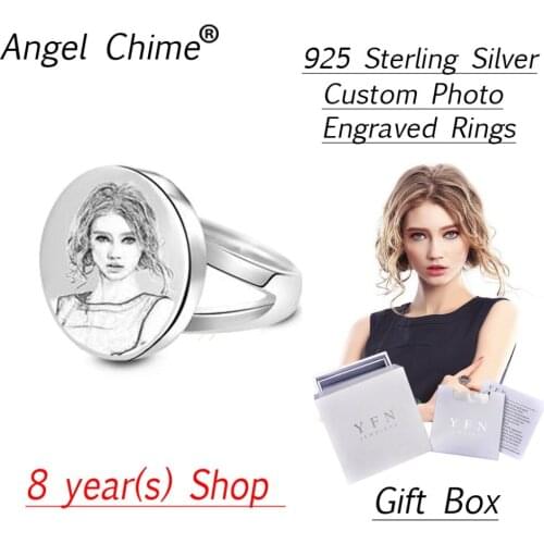Custom Photo Engraved Rings Angle Chime Brand Personalized Round Ring With Gift Box Real 925 Sterling Silver