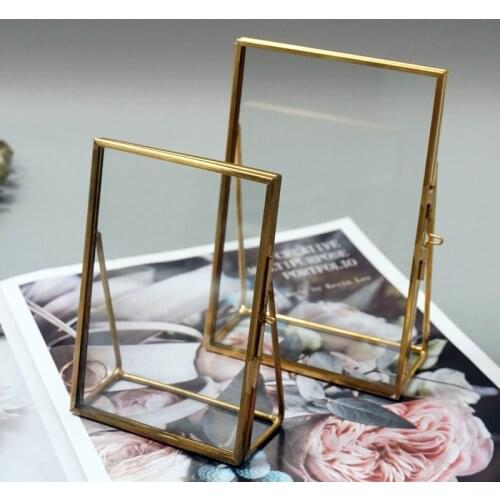 Simple Antique Rectangular Freestanding Transparent Glass Photo Frame for Home Decoration - Gold MJ