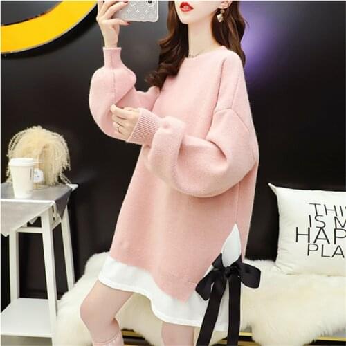 Mid-length Pullover Sweater Women 2020 New Autumn Winter Korean Fashion Loose Thicken All-Match Fake Two Knitting Sweater Female