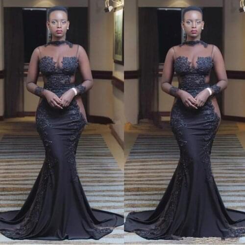 Sexy Illusion Prom Dresses Appliqued Lace Beads Mermaid Evening Dress Long Sleeves Sweep Train Formal Party Wear Custom Made