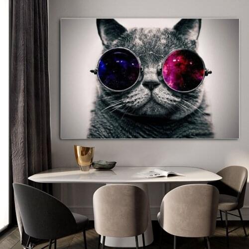 Modern Canvas Painting Animal Posters and Prints Cute Cat With Galaxy Glasses Wall Pictures for Kids Living Room Home Decoration