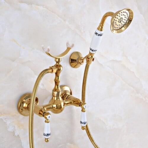 Modern Polished Gold Color Brass Wall Mount Bathtub Faucet with Handheld Shower Set +1.5M Hose Mixer Tap 2na930