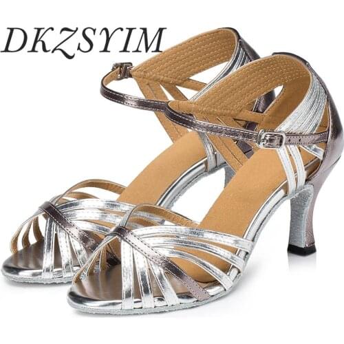 DKZSYIM Women Latin Dance Shoes Silver/Black Patent Leather Ballroom Tango Dance Shoes High Hells 6-10CM Training Perform Shoes