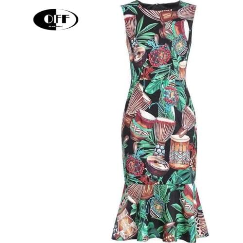 Summer runway party midi Mermaid dresses for women zevity holiday elegant vintage printed sleeveless bodycon dress Plus size 2XL
