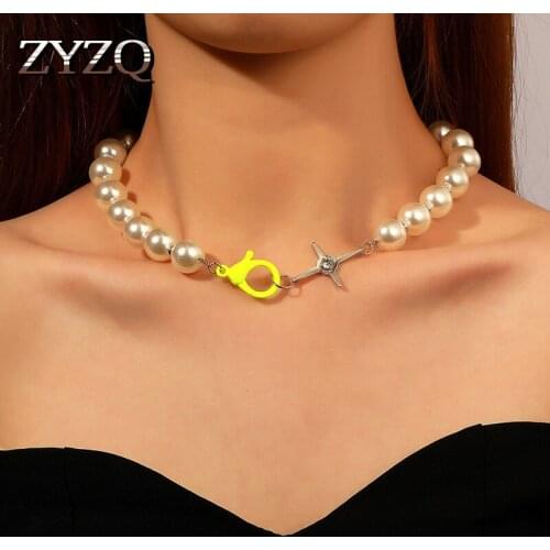 ZYZQ Korean White Imitation Pearl Pendant Necklace for Women Bead Statement Necklace Elegant Temperament Female Choker
