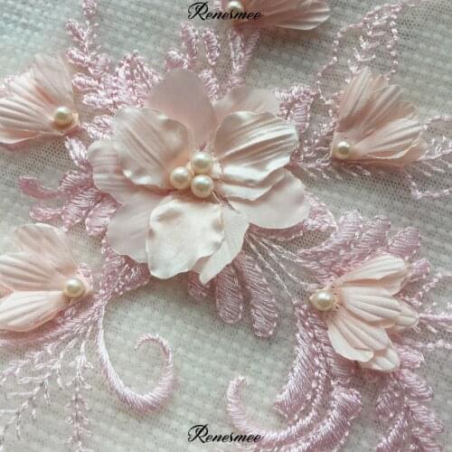 1Pc Pink Lace Applique Beaded 3D Flower Appliques Embroidery Lace Trim Fabric Cloth Sewing Patchwork DIY Craft 17.5X21cm SX149
