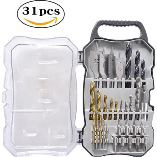 GanWei 10PCS HSS Twist Drill Bits 4PCS Flat Drill Bits 1PCS Hex Shank Adapter 3PCS Three-point Woodworking Drill Bits Woodwork