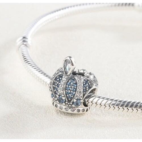925 Sterling Silver Blue CZ Zircon Surround Crown Pendant Charm Bracelet DIY Jewelry Making For Original Pandora Accessories