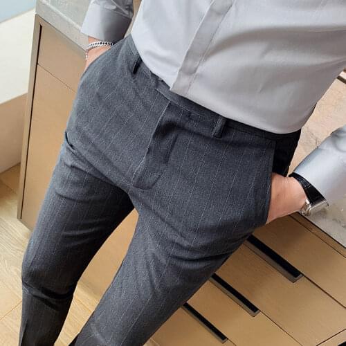 Striped Trousers Autumn New Mens Large Comfortable Elastic Leg Casual Pants Dark Grey Cultivate Ones Morality The Office Trend