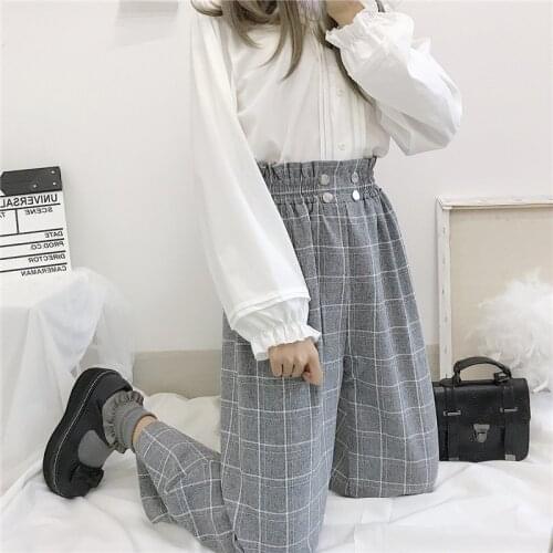 Apricot Gray Plaid Japanese Lolita Style Autumn Women Wide Leg Pants Elastic Waist Loose Trousers Cute Kawaii Capris MH623