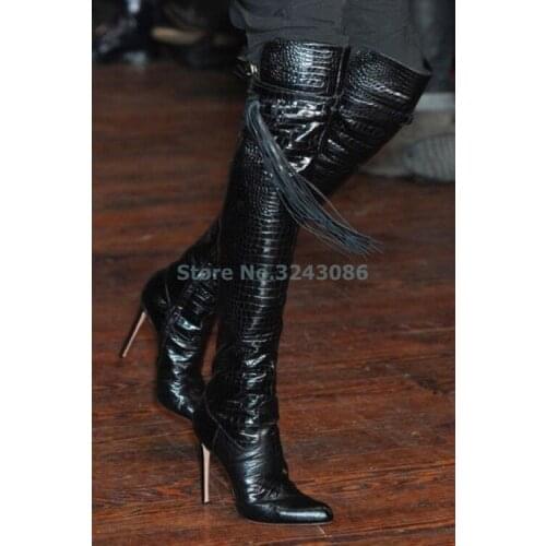 Black Pointed Toe Alligator Pattern Long Boots Lace Up Fringe Thin High Heel Knee High Boots Cool Style Half Zipper Women Shoes