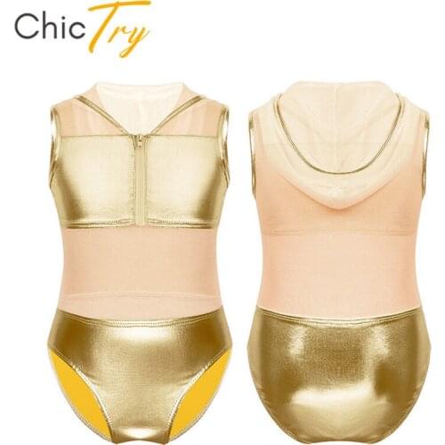 ChicTry Kids Shiny Metallic Hooded Ballet Leotards Stage Dance Costume Girls Sleeveless Mesh Patchwork Zipper Gymnastics Leotard