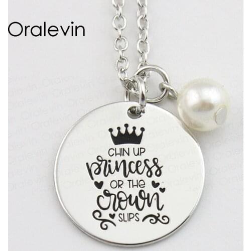 CHIN UP PRINCESS OR THE CROWN SLIPS Inspirational Hand Stamped Engraved Charms Pendant Necklace Gift Jewelry,10Pcs/Lot, #LN838