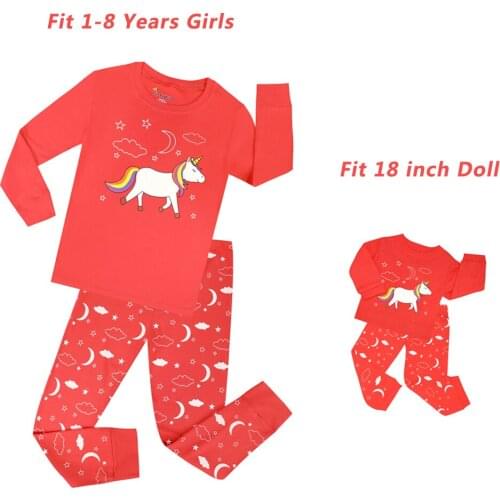 Baby Girl And Doll 18inch Matching Pajamas Sets Autumn Winter Warm Unicorn Pijamas Suit Cotton Pink Long Sleeve Kids Night Wear