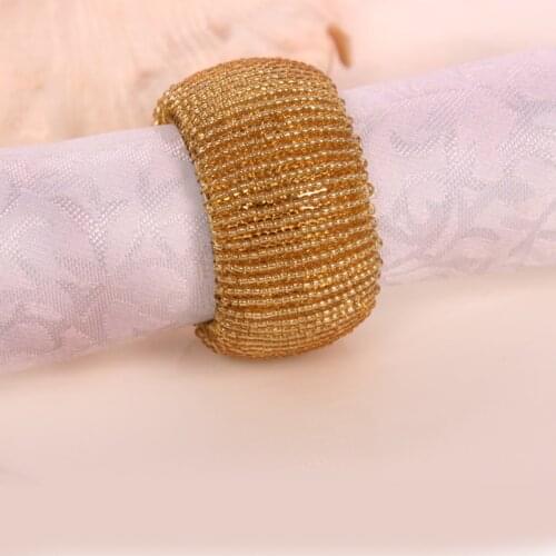 Elegant Hand Woven Champagne Beads Wide Circle Napkin Rings Set of 6 Pieces