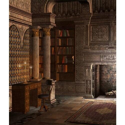 Interior Room Corner Bookshelf Backdrop Antiquated Brick Fireplace Desk Candle Light Retro Vintage Party Photography Background