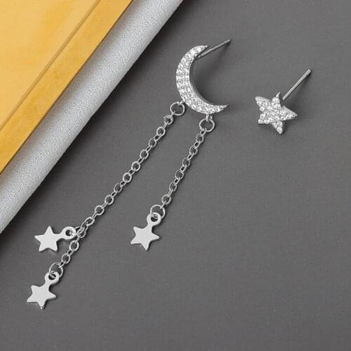 KOFSAC Asymmetry 925 Silve Earrings Girl Party Jewelry Trendy Zircon Moon Tassel Star Stud Earring Women Valentines Day Gifts