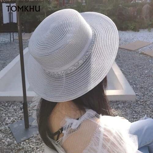 Summer Sun Hats Flat Classical Women Sun Hats Foldable Breathable White Black Church Cap for Ladies Rhinestone Band Boater Beach