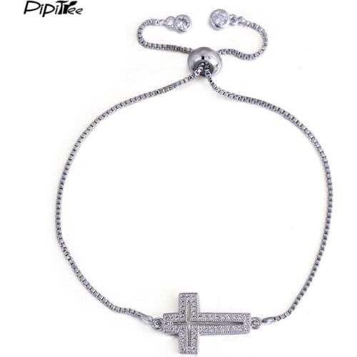 Pipitree Micro CZ Zircon Crystal Pave Religious Hollow Cross Bracelet Gold Color Chain Link Bracelets for Men Women