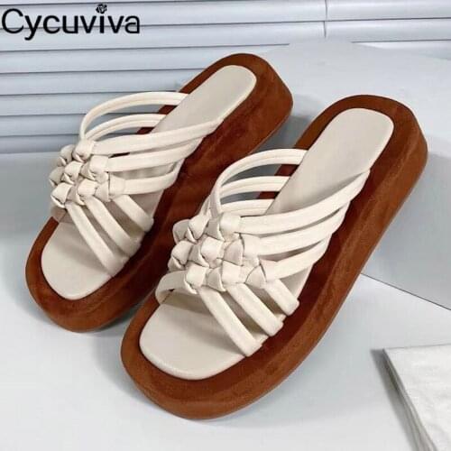 Summer Platform Flat Slippers Women Designer Weave Leather Mules Casual Beach Shoes Woman Thick Sole Slides Fashion Slippers