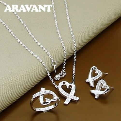 Wedding Jewelry Sets 925 Silver Heart Pendants Necklaces Chain Rings Earrings For Women Wedding Charm Jewelry