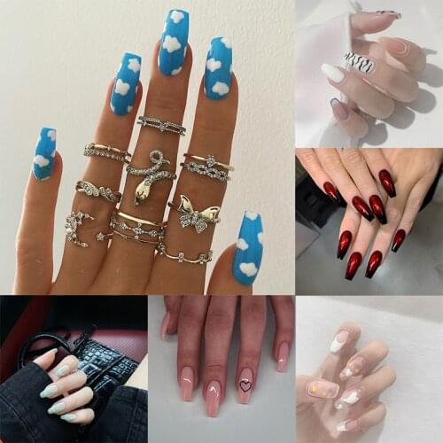 Sky Blue Nail Art Long Fake Nails Snowflake Matte Ballet Tips Press on False Graffiti Glue Coffin Stick Display Set Full Cover