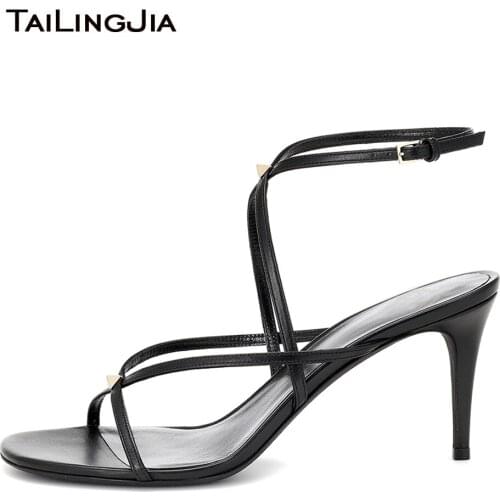 Latest Strappy Mid High Heel Sandals with Studs Womens Black Heeled Studded Heels Ladies Summer Party Shoes Plus Size 2019