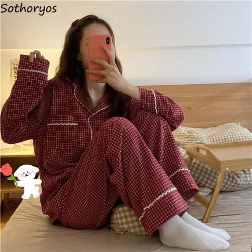 Pajama Sets Women Retro Red Check Lace Plaid Cotton Breatheable V-neck Full Length Autumn Winter Fashion Cozy Sleepwear Lounge