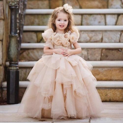 Champagne Sequined Ruffles Flower Girl DressesBall Gown Little Girl Dresses for Wedding Children Birthday Pageant Dresses