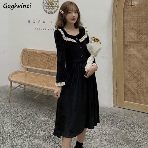 Long Sleeve Dress Womens Elegant New Fashion Slim High Waist French Style Sqaure Collar Lace Buttons Lovely Trendy Ladies Party