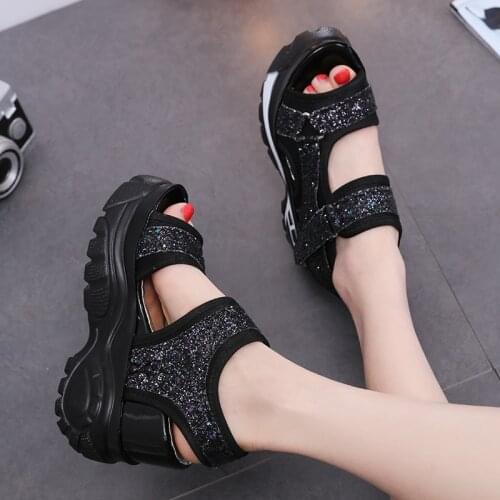 Women Fish Mouth Platform High Heels Wedge Gladiator Sandals Fashion Glitter Summer Shoes Woman Black White Zapatos Mujer