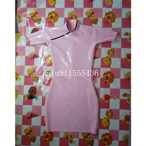 Handmade Sexy Women Short Sleeve Pink Latex Dress Fetish Rubber Cheongsam with Back Zipper