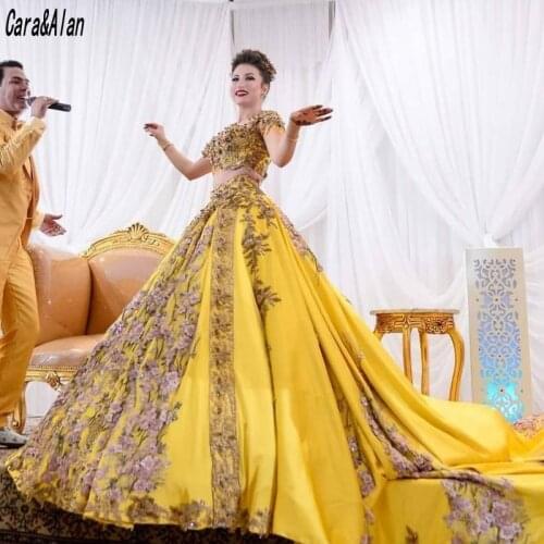Elegant Yellow Two Pieces Wedding Dresses with Floral Appliques Beaded Arabic Dubai Bridal Gowns Vestido De Fiesta De Boda