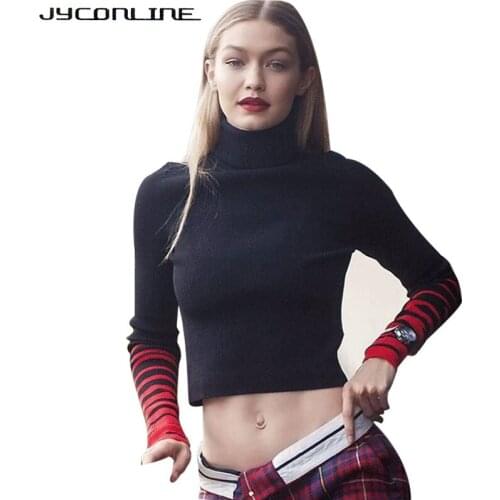 JYConline Winter Striped Knitted Turtleneck Sweater Pullover Women Long Sleeve Slim Cropped Top Knitwear Pullover Female Jumpers